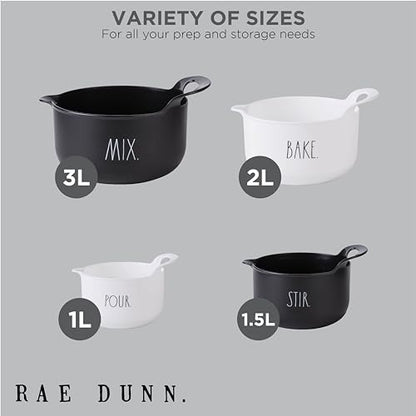 Rae Dunn Non-Slip Mixing Bowls - 4 Piece Nesting Plastic Mixing Bowl Set with Pour Spouts and Handles-Measurement Markings (Black) - color: Black