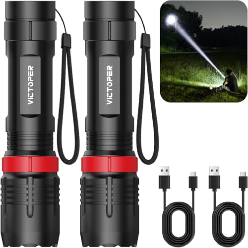 Victoper Rechargeabe Flashlight 2 Pack, High Lumens 5 Modes LED Small Tactical Flashlights, Waterproof Zoomable Mini Flash Light for Outdoor, EDC Gifts for Father's Day - color: Black A1200T, size: 2 PACK
