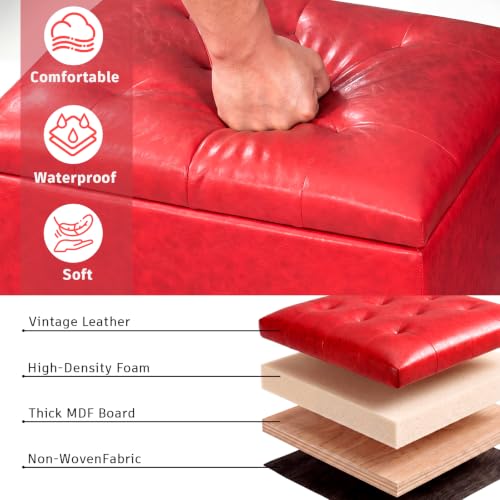 Joveco Leather Storage Ottoman, 24" Rectangle Square Bench Foot Rest Stool for Bedroom Living Room, Red - color: Red