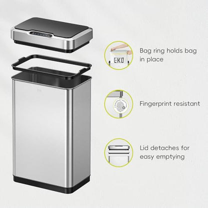 EKO Mirage-T 50 Liter / 13.2 Gallon Touchless Rectangular Motion Sensor Trash Can, Brushed Stainless Steel Finish - size: Mirage 50L - Stainless Steel
