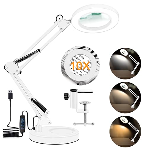 10X Magnifying Glass with Light and Stand, Magnifier with Light Hands Free, 3 Color Modes 10 Level Dimmable, Magnifying Real Glass LED Desk Lamp for Close Work, Repair, Reading, Craft, White - color: White, size: With Stand