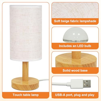 Small Touch Table Lamp with Stepless Dimming&USB Plug,Natural Round Wood Base&Linen Fabric Shade |Soft Ambient Warm Night Light|Minimalist Boho Bedside Lamp for Bedroom,Nightstand,Nursery,Kitchen,Dorm - size: Round - USB Plug Touch - Set of 1
