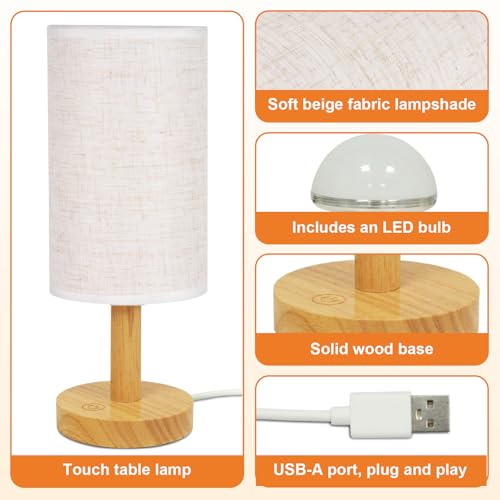 Small Touch Table Lamps Set of 2 with Stepless Dimming&USB Plug, Natural Round Wood Base & Linen Fabric Shade |Soft Ambient Night Light |Minimalist Boho Bedside Lamp for Bedroom,Nursery,Kitchen,Dorm - size: Round - USB Plug Touch - Set of 2