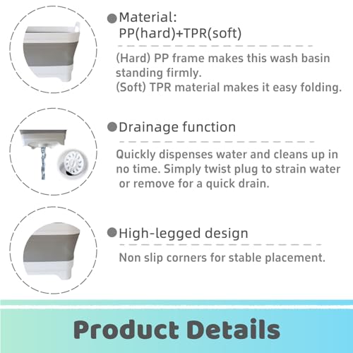 GIMWA Collapsible Wash Basin with Drain Plug - 2.4 Gallon Foldable Kitchen Sink for Baby Bottles, RV Camping, Space-Saving Dish Tub (Gray-Gray) - color: Gray-gray