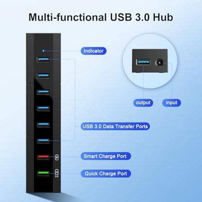 Powered USB 3.0 Hub, RAOYI 8 Ports High Speed USB 3.0 Hub Splitter with 36W Power Adapter, 3.3ft Cable and Smart Fast Charger USB Hub for for Laptop, PC, Mac, Mobile HDD, Mulitple Devices (Black) - size: Black, style: 8-Port 36W Rectangle