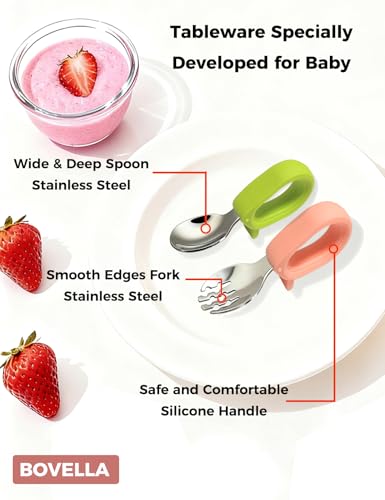 Toddler Utensils, Stainless Steel Baby Forks and Spoons Set with Silicone Handle, Kids Silverware with Portable Storage Case, Baby Feeding Essentials, Dishwasher Safe (Green+Pink) - color: Green+Pink