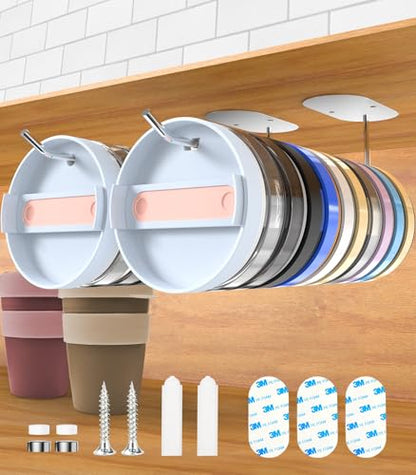 2pc Tumbler Lid Organizer Up to 30 Lids, Cup Lid Hook for Kitchen Inside Cabinets, Upgraded Cup Lid Holders for Yeti/Stanley/Simple Modern Tumblers, Self-Adhesive or Drilling