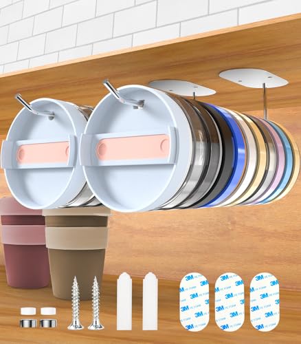 2pc Tumbler Lid Organizer Up to 30 Lids, Cup Lid Hook for Kitchen Inside Cabinets, Upgraded Cup Lid Holders for Yeti/Stanley/Simple Modern Tumblers, Self-Adhesive or Drilling