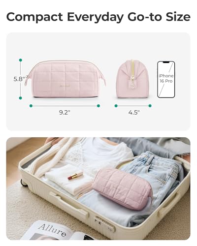 BAGSMART Makeup Bag Travel Toiletry Bag, Puffy Padded Make Up Bags for Women Makeup Organizer Case, Wide-open Pouch Purse Travel Essentials Toiletries Accessories Brushes, Dark Pink - color: 02-Dusty Rose Pink