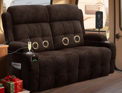 RV Loveseat Recliner Sofa, Reclining Loveseats Couch for RV Furniture, Home Theater Seating with Massage, USB, Insert Pockets, Cup Holders, 150° Wall Hugger RV Recliners Sleeper Sofa - color: Velvety Brown, size: Loveseat-G1