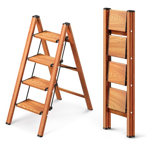 4 Step Ladder, Folding Step Stool with Anti-Slip Wide Pedal, Aluminum Material Lightweight Yet Sturdy, 300 Lbs Load, Cute Modern Apperance for Indoor Household Spaces - color: Woodgrain, size: 4 Step