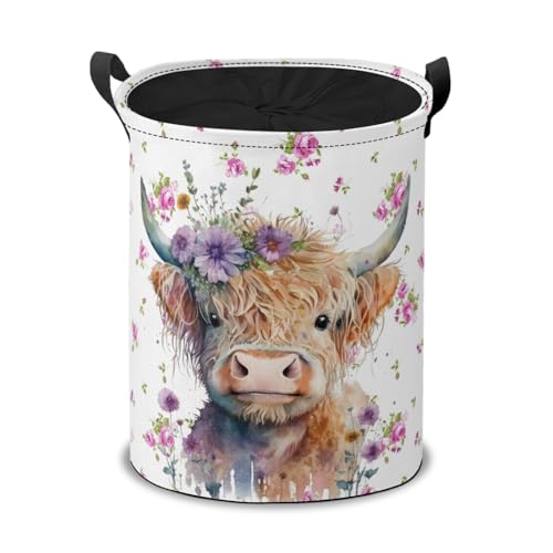 Highland Cow with Flowers Laundry Hamper Basket,Watercolor Floral Collapsible Portable Laundry Bag, Storage Bins Toys Storage Gifts Basket, Bedroom Home Nursery Decor for Baby Girl Women - color: Highland Cow with Flowers