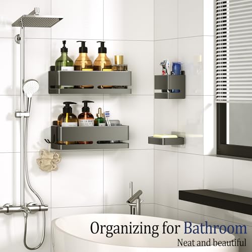 Bathroom Shower Caddy (5-piece Set Storage Rack), wall-Mounted Shelf with soap Dish and Toothbrush Holder, no Drilling Required, Ideal for Bathroom Storage and Also Suitable for Kitchen (Grey) - size: Grey-5-piece set