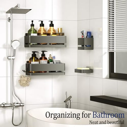 Bathroom Shower Caddy (5-piece Set Storage Rack), wall-Mounted Shelf with soap Dish and Toothbrush Holder, no Drilling Required, Ideal for Bathroom Storage and Also Suitable for Kitchen (Grey) - size: Grey-5-piece set