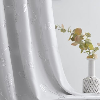 BUHUA White Black Out Curtains 108 Inch Long 2 Panels, Soundproof Curtains with Elegant Silver Leaf Print, Heat Blocking Curtains for Livingroom, 52W x 108L, Greyish White - color: Silver Leaf /Greyish White, size: 52"W x 108"L (Pack of 2)