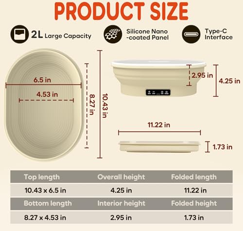 Upgraded Electric Heated Silicone Dough Proofing Box with Reliable Timer & Precise Temp Control - Fast Fermentation Collapsible Proofer Bowl(2L,Oval) - color: elliptical-1, size: 9in