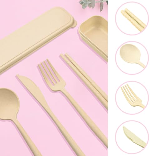 ELANE 4 Sets Reusable Travel Utensils Set with Case,Camping Cutlery Set Reusable Cutlery Set with Case,Utensil Sets for Lunch Picnic Daily Use Outdoor (beige) - color: Beige