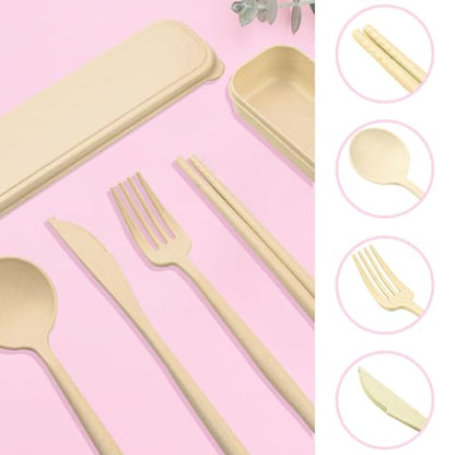 ELANE 4 Sets Reusable Travel Utensils Set with Case,Camping Cutlery Set Reusable Cutlery Set with Case,Utensil Sets for Lunch Picnic Daily Use Outdoor (beige) - color: Beige