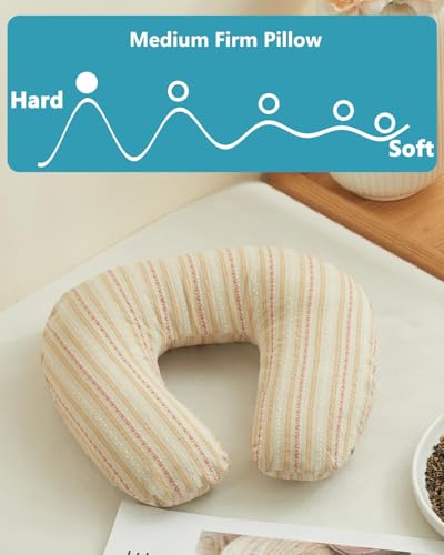 Buckwheat U Shaped Neck Pillow - 12''x12'' Adjustable Cervical Support Pillow with Breathable Buckwheat Hulls, Removable Cotton Cover, Ideal for Airplane, Office or Home Use (Khaki) - color: Stripe-khaki