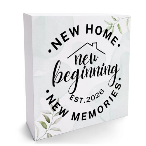 HTBIG House warming Gifts New home, Best Housewarming gifts 2026, Home sweet Home sign, Funny New Home New Memories Ideas Wooden Box Sign Home Living Room Shelf Desk Decoration Gifts 5x5 IN White - color: White housewarming