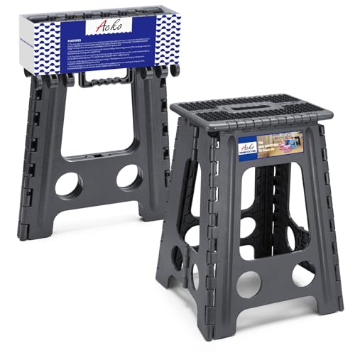 ACKO Folding Step Stool Foldable 17.5 Inch Stools for Adults and Kids,Plastic Stools Tall 400 lbs Capacity, Collapsible Stool for Kitchen, Stepping Foot Stool with Handle, Dot Grey,1 PC - color: Dot Grey, size: 17.5 Inch