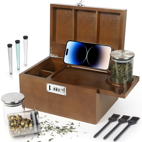 Large Brown Bamboo Box with Combination Lock, Decorative Storage Box with Removable Tray & Detachable Compartment, Wooden Box with Alright Jars & Brushes & Storage Tubes as Great Gift Choice. - color: Brown, size: 10.2''×7‘’×5.5‘’