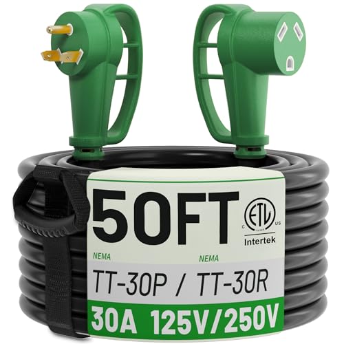 POWGRN 30 Amp RV Extension Cord 50 FT Outdoor with Grip Handle, Flexible Heavy Duty 10/3 Gauge STW 3 Prong RV Power Cord with Cable Organizer, NEMA TT-30P to TT-30R, Black-Green, ETL Listed - size: 50 FT, style: 30 AMP (TT-30P/R)