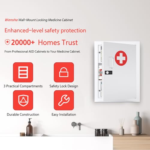 Locking Medicine Cabinet Wall-Mount: Storage Cabinet with Combination Lock & Key - White Metal First Aid Kits for Family Safety and Childproofing - color: Frosted White