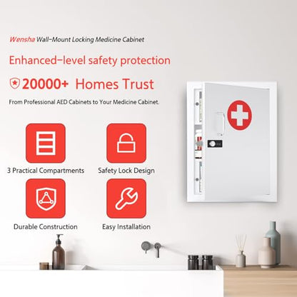 Locking Medicine Cabinet Wall-Mount: Storage Cabinet with Combination Lock & Key - White Metal First Aid Kits for Family Safety and Childproofing - color: Frosted White