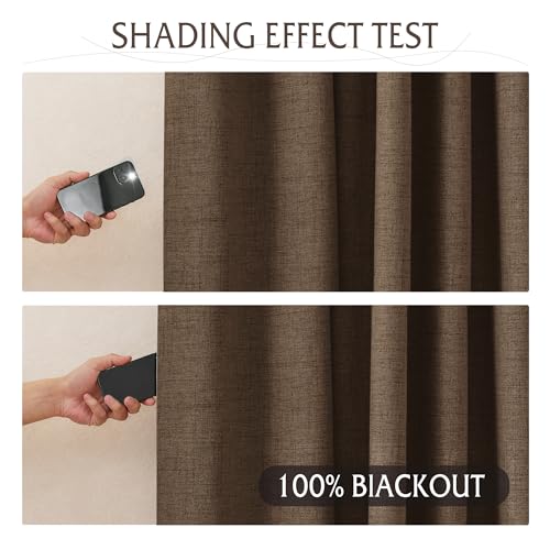 RYB HOME Brown 100% Blackout Linen Curtains 72 inch Long, Thermal Insulated & Privacy Assurd Drapes for Bedroom/Office/Nursery, Rod Pocket & Back Tab Window Treatment, W52 X L72, 2 Panels - color: Brown, size: 52"W x 72"L (Pack of 2)