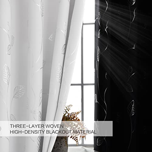 BUHUA Room Darkening Curtains 63 Inch Length, Window Treatments for Living Room Grommet Curtains with Silver Leaf Foil Design (52 x 63 Inch,Greyish White,Set of 2) - color: Silver Leaf /Greyish White, size: 52"W x 63"L (Pack of 2)