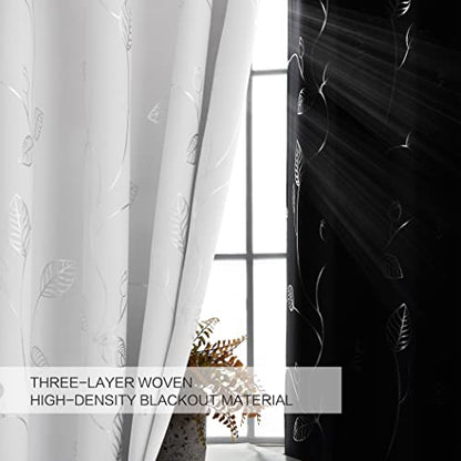 BUHUA Room Darkening Curtains 63 Inch Length, Window Treatments for Living Room Grommet Curtains with Silver Leaf Foil Design (52 x 63 Inch,Greyish White,Set of 2) - color: Silver Leaf /Greyish White, size: 52"W x 63"L (Pack of 2)