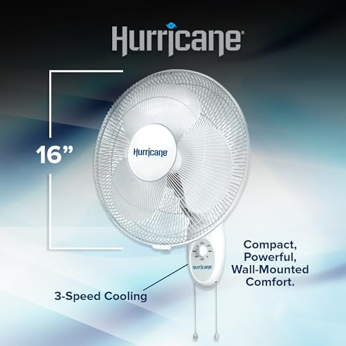 Hurricane 16" Supreme Oscillating Wall Mount Fan w/ 3 Quiet Speeds, White - Corded Electric Air Cooling Unit w/ Easy Pull Cord Controls for Homes, Greenhouses, Garages, Workshops & Gyms - style: 16" Supreme