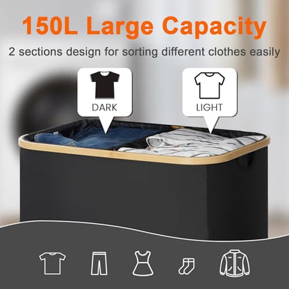 GARPROVM Double Laundry Hamper with Lid 150L Large Laundry Basket with Bamboo Handles Foldable Clothes Hampers with 2 Removable Liner Bags for Laundry for Bedroom Bathroom Dorm Laundry Room, Black - color: Black