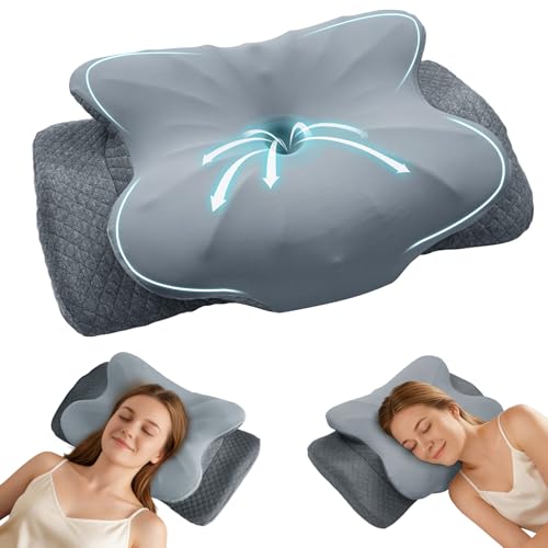 Cervical Neck Pillow for Sleeping, Ergonomic Memory Foam Pillow for Neck Pain Relief Sleep Apnea, Orthopedic Contour Support Pillow for Side Back Stomach Sleeper, Cooling Breathable Pillowcase, Grey - color: Light Grey & Dark Grey