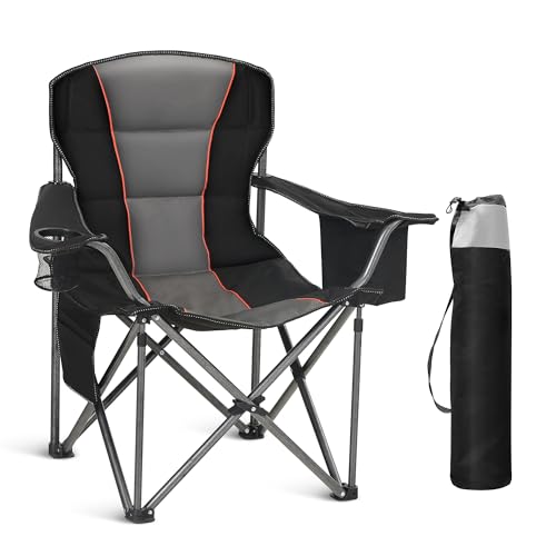 HIGH POINT SPORTS Oversized Portable Camping Folding Chair, Heavy Duty Foldable Outdoor Chair, Camp Chair with Cup Holder and Cooler Bag Support 450 LBS, Black… - color: Black, size: Single Pack