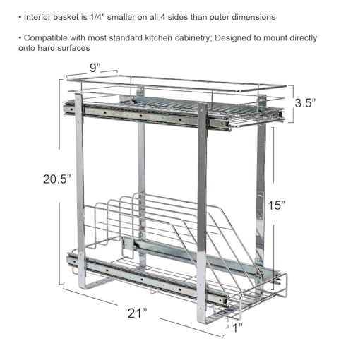Household Essentials Glidez Multipurpose Chrome-Plated Steel Pull-Out/Slide-Out Dual-Sliding Storage Organizer for Cookware and Bakeware - 2-Tier Design - Fits Standard Size Cabinet or Shelf, Chrome - size: 9" - Extended, style: Dual Slide