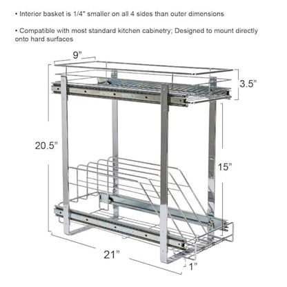 Household Essentials Glidez Multipurpose Chrome-Plated Steel Pull-Out/Slide-Out Dual-Sliding Storage Organizer for Cookware and Bakeware - 2-Tier Design - Fits Standard Size Cabinet or Shelf, Chrome - size: 9" - Extended, style: Dual Slide