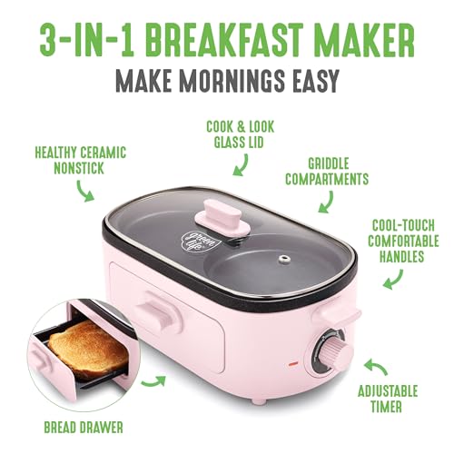 GreenLife 3-in-1 Breakfast Maker Station, Healthy Ceramic Nonstick Dual Griddles for Eggs Meat Sausage Bacon Pancakes and Breakfast Sandwiches, 2 Slice Toast Drawer, Easy-to-use Timer, Pink - color: Pink