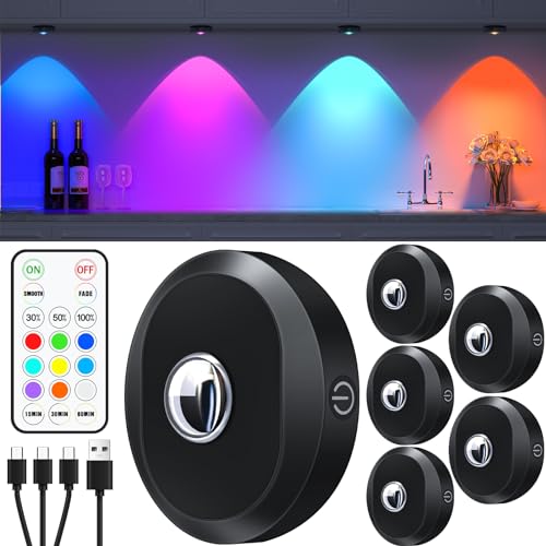 WILLED Rechargeable RGB Puck Lights with Remote Control, 1200mAh Battery Operated Tap Lights, Dimmable Touch Under Cabinet Lighting, Wireless Push Light, LED USB Shelf Light (6 Pack) - color: Black, size: Rgb Multicolor