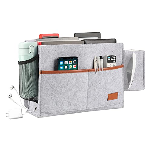 Surblue Bedside Caddy Felt Bed Storage Organizer Hanging Bag with Tissue Box and Water Bottle Pocket for Mattress, Sofa, Bunk Bed, Light Gray - color: Light Gray