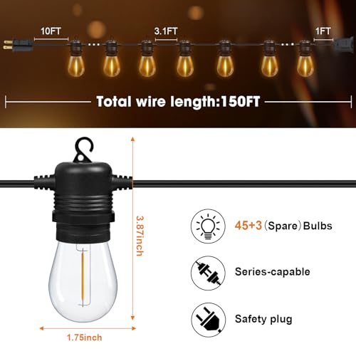 GvvooHome S14 LED Outdoor String Lights 150FT Patio Lights Outdoor Waterproof with 45+3 Shatterproof LED Bulbs, Hanging Backyard Lights for Outside Deck Patio Garden Balcony Decorations - size: 150FT