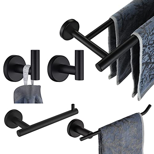 JQK Bathroom Hardware Set, 5-Piece Bath Accessories Set Matte Black Wall Mount Includes 24 in Towel Bar, 9 in HT Bar, TP Holder, Towel Hook x 2, BAS105-PB - color: Black