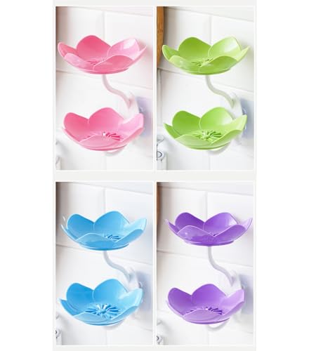 4 Pack Soap Dish Holder for Shower Bar Double Layer Cute Lotus Shape Adhesive Tray Sink Wall Mounted Shampoo NO-Drilling Self Draining Hanging Saver Rack Plastic Bathroom Bathtub Kitchen - color: D-pink+green+blue+purple