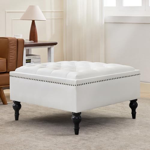 Storage Ottoman Coffee Table, Large Ottoman with Storage Oversized Square Footstool with Anti-Slip Embedded Lid, Tufted Upholstered Ottomans for Living Room, White Faux Leather - color: White