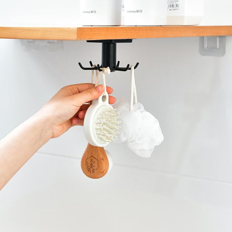 Rotatable 6-Hook Wall Mounted Organizer Rack for Kitchen and Bathroom Punch-Free Installation Space-Saving Holder for Utensils and Accessories on Smooth Surfaces