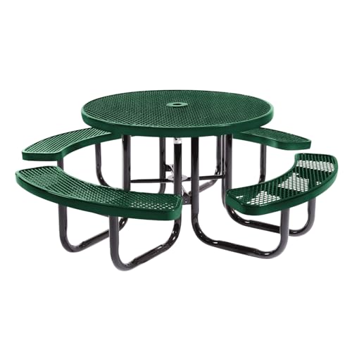 Coated Outdoor Furniture Heavy-Duty Portable Outdoor Picnic Table with Umbrella Hole, Expanded Metal Commercial-Grade Patio Dining Furniture Made in America (46" Round Top, Textured Green) - color: Textured Green, size: 46 In, Round, Expanded Steel