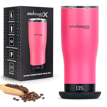 SMRTMUGG X Heated Coffee Mug 19 oz., 8 Hour Battery Life, Self-Heating, Adjustable Temp Controlled, LCD Screen, Includes Cover with Magnetic Slider (Pink) - color: Pink