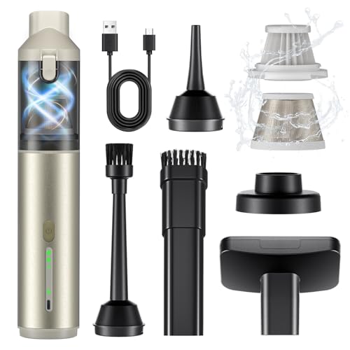 Car Vacuum Portable with 16000Pa Powerful Suction, Handheld Vacuum Cordless Rechargeable Blow & Suction 4 in 1, Small Vacuum Cleaner for Car, Outdoor, Home, Office (Gold Renew)