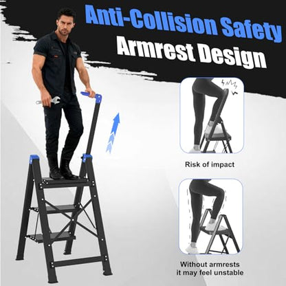 3 Step Ladder,Step Stool Foldable with Single-Handrail,Step Ladder with Anti-Slip Pedals for Home Kitchen Closet,Aluminum Sturdy Material,600lbs Max Load Capacity (Blue) - color: Blue, size: 3 steps